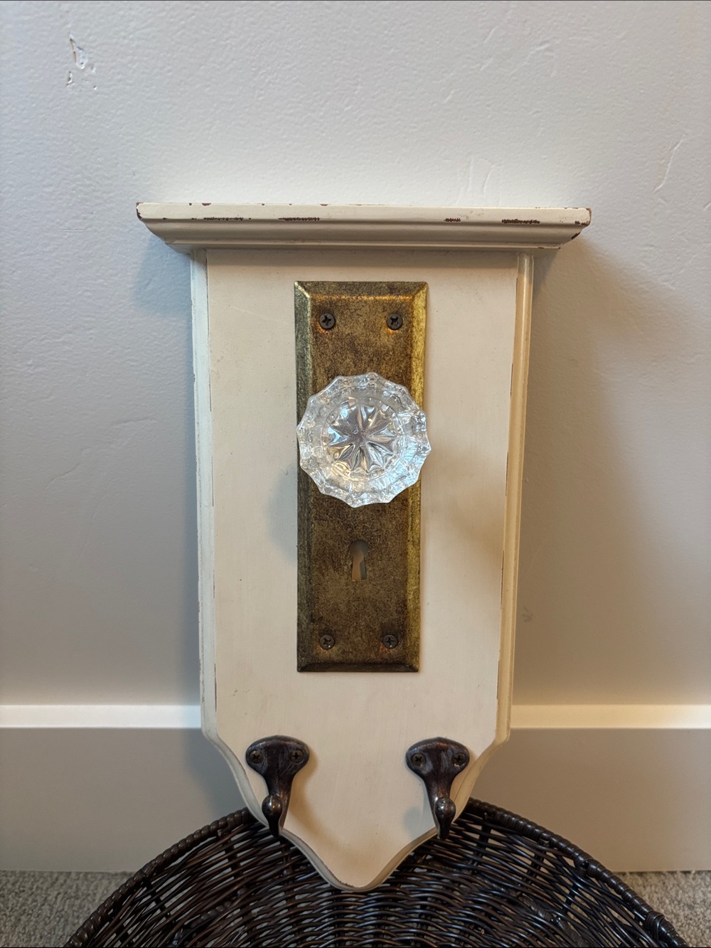 Vintage-Style Cream Wall Hook with Glass Knob and Brass Plate